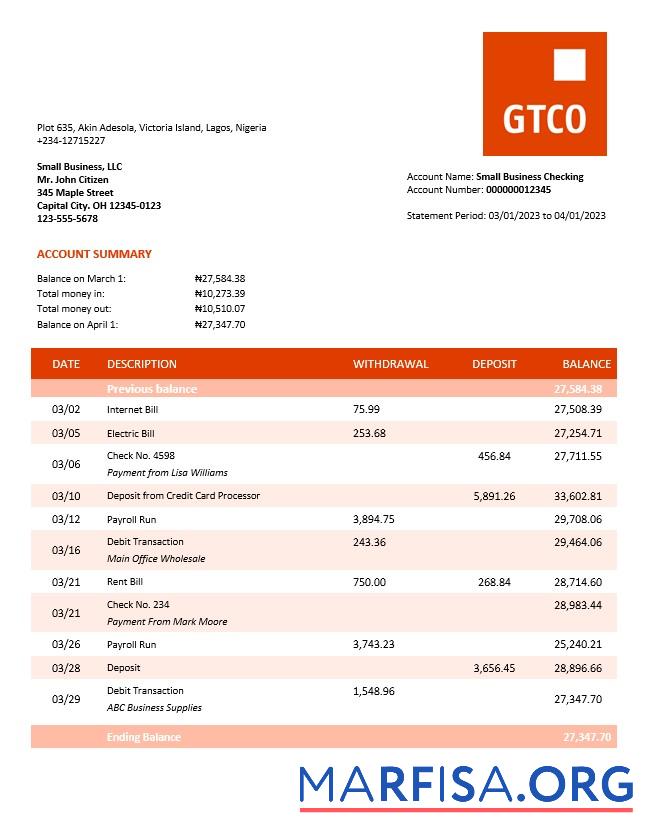 Printable GT Bank organization checking account statement Word and PDF template